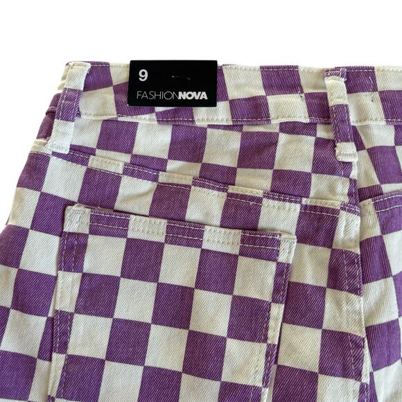Fashion Nova Pit Stop Purple and White Checked High Rise Denim Shorts Size 9 - Picture 8 of 8